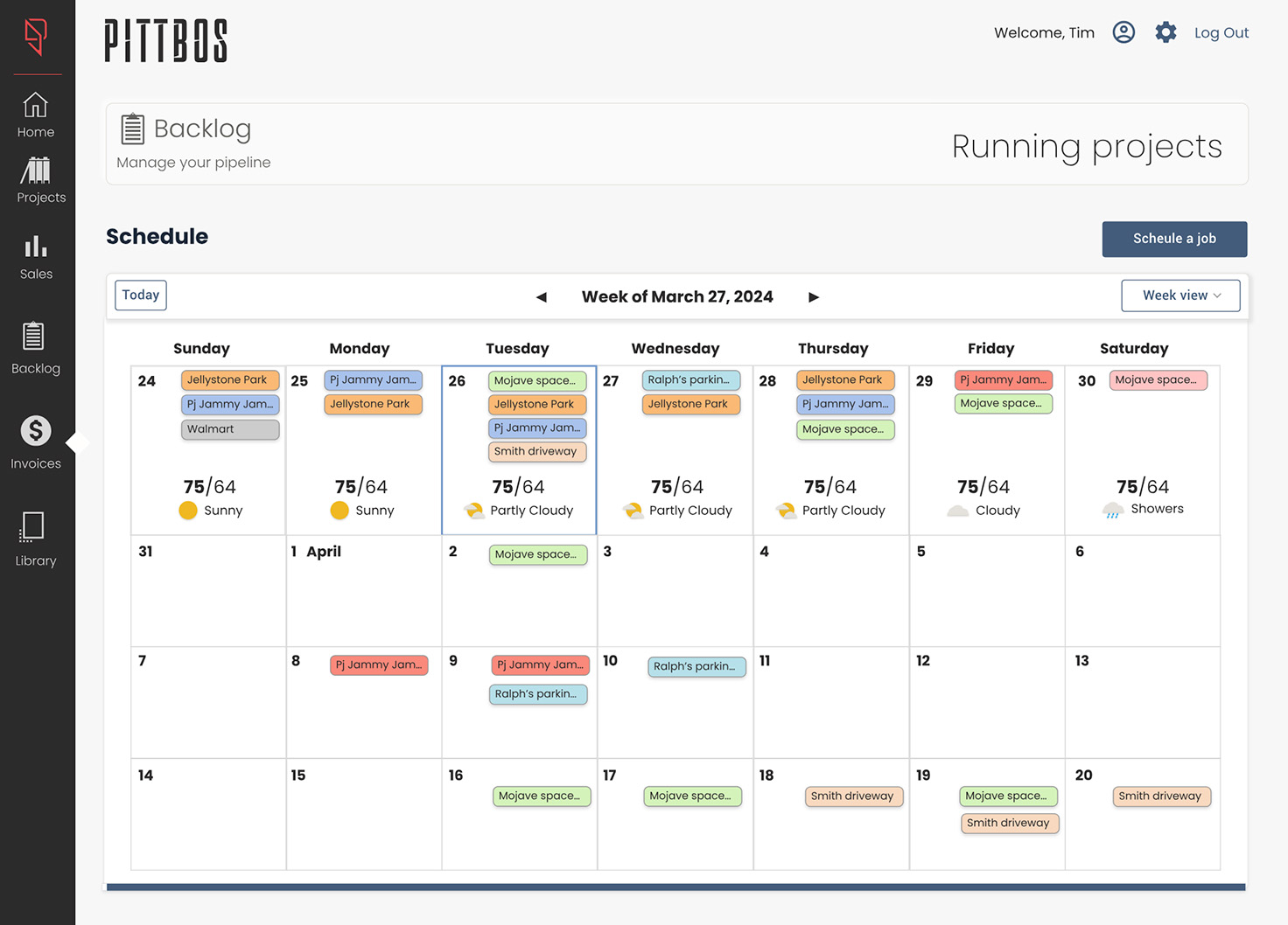 Screenshot of Pittbos work scheuling calendar