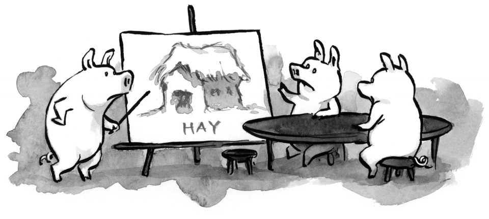 Drawing that shows three pigs in a meeting, with one pig presenting the design for a hay-based house.