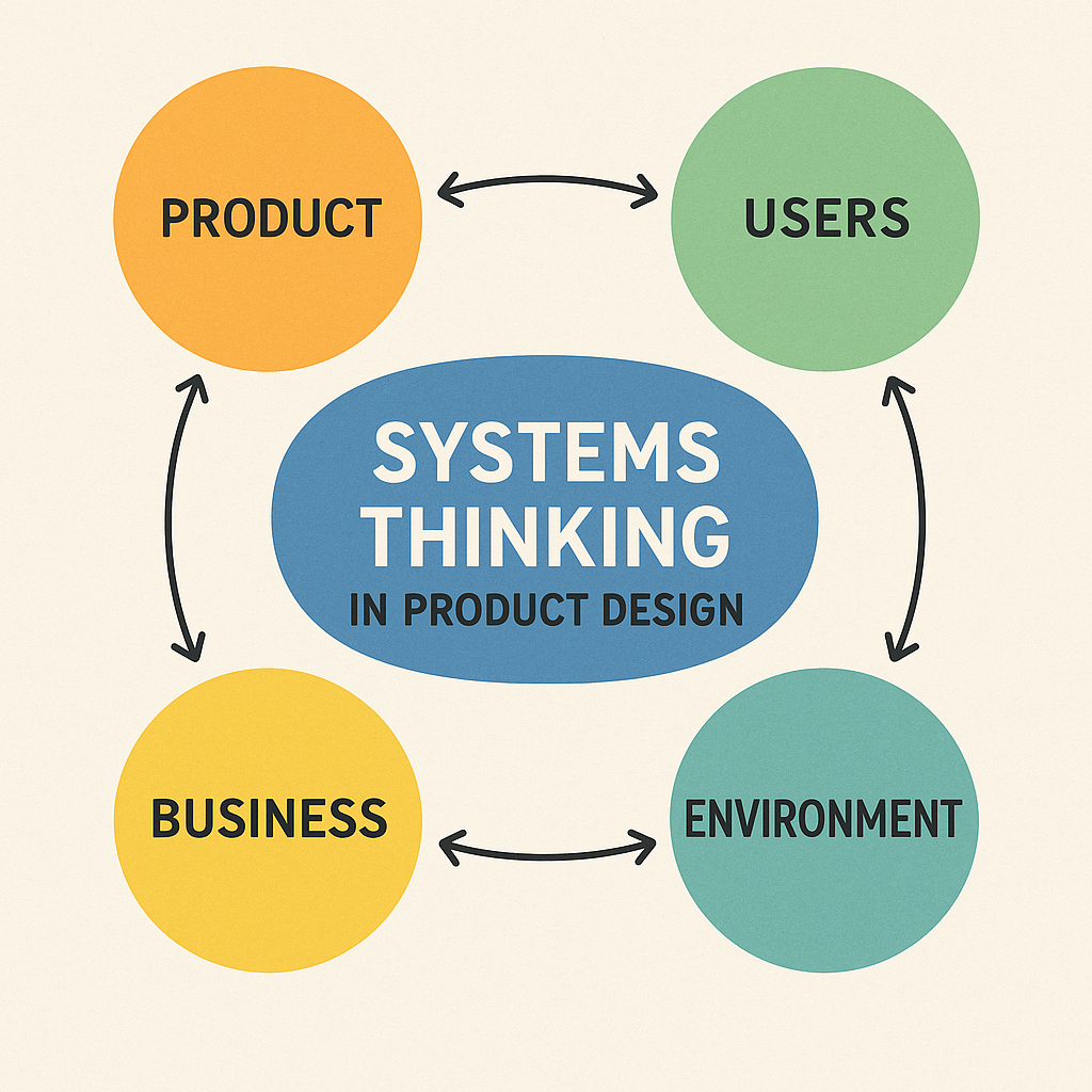 image illustrating the practice of systems thinking in product design at the center and 4 bubbles each containing text, users, environment, business, and product